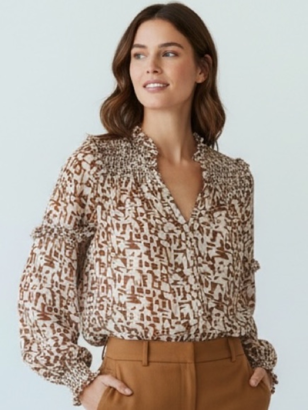 Scotch & Soda Maison Scotch Smocked Geometric Print Blouse Rust Cream Ruffle
